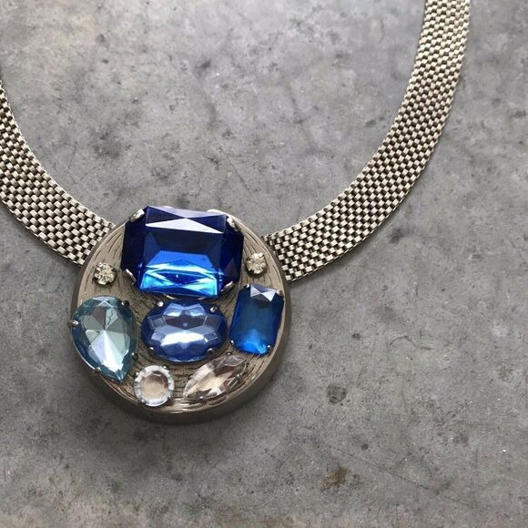 1980s Statement Blue Silver Crystal Stainless Steel Pendant Chainlink Necklace - Picture 2 of 10